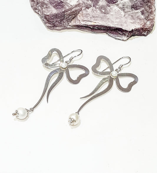 Silver and Pearl Bow Earrings