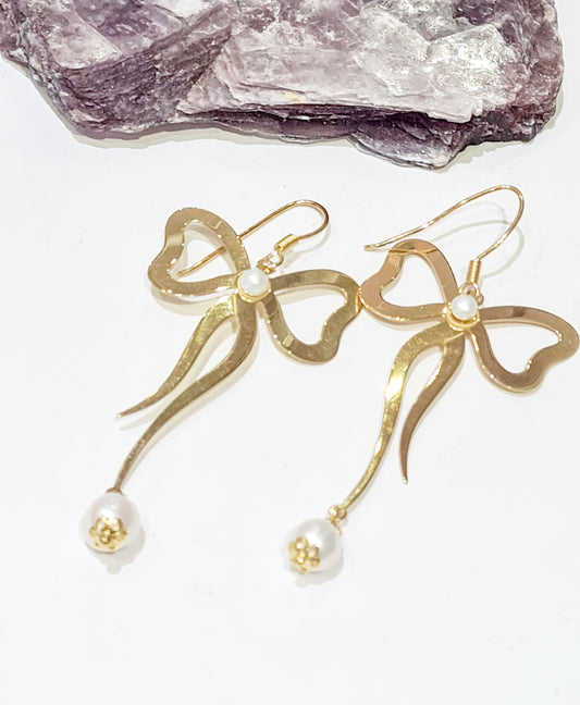 Gold Bow and Pearl Earrings